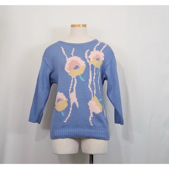 Vintage 80s Sweater Periwinkle Blue Floral Knit Hand Loomed Misses Size S - Picture 1 of 7